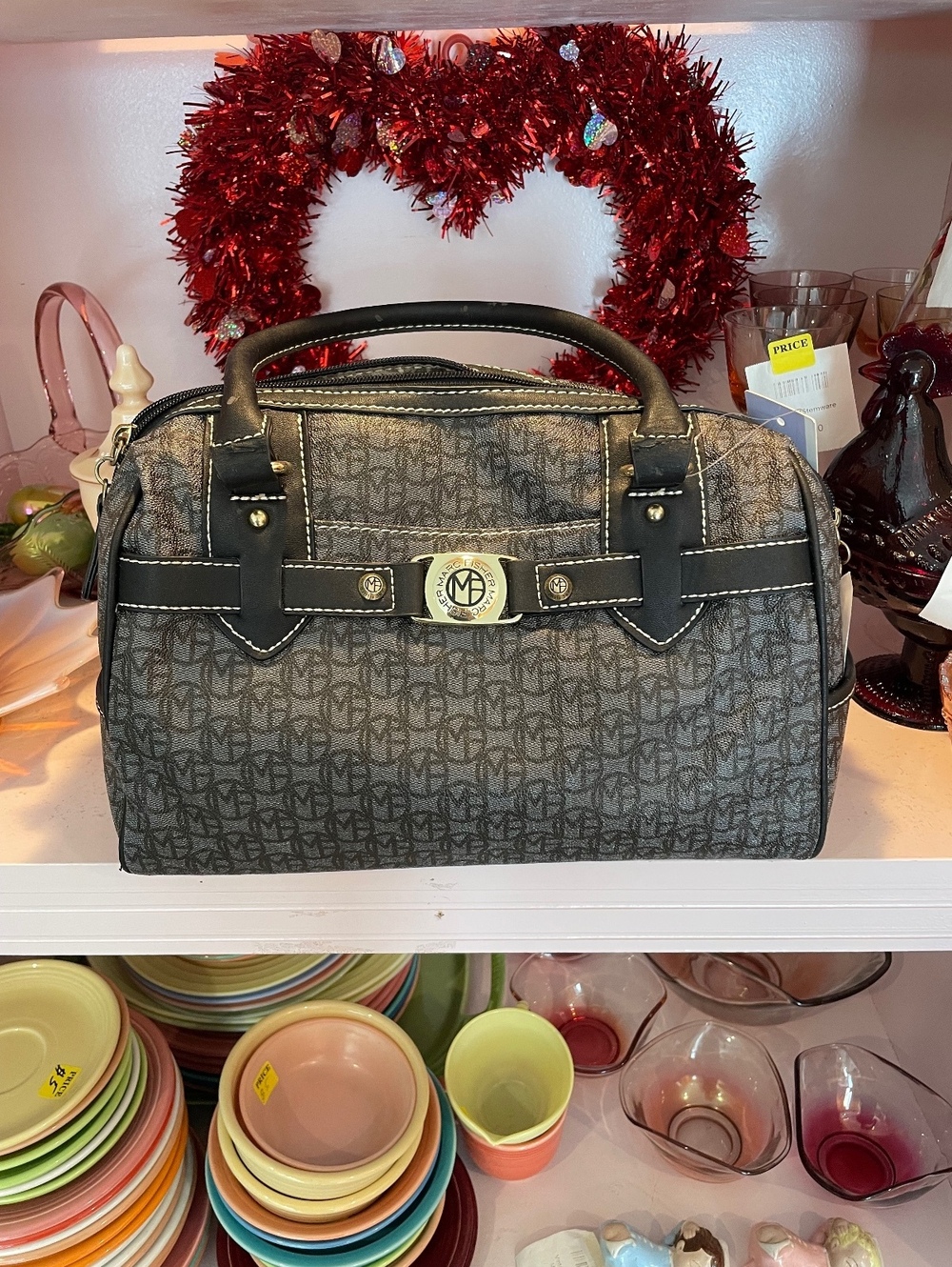 Marc Fisher Gray/Black Handbag Satchel Tote Crossbody Purse Gold Hardware